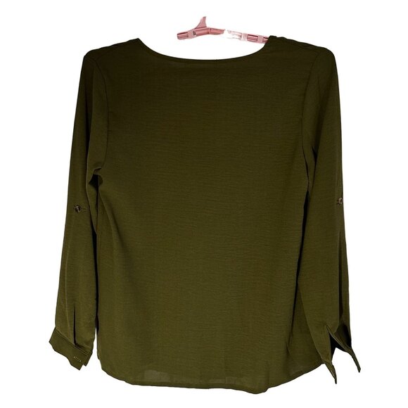 Lola Blooms Boutique Olive Green Long Roll Up Sleeve Button-Up Blouse SZ Large - Picture 2 of 11